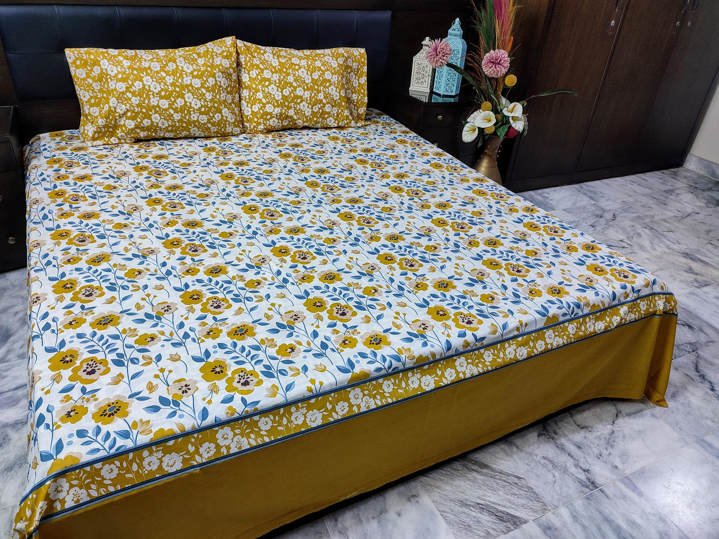Cotton Bed Sheet King Size-3-Piece-Yellow-Cream