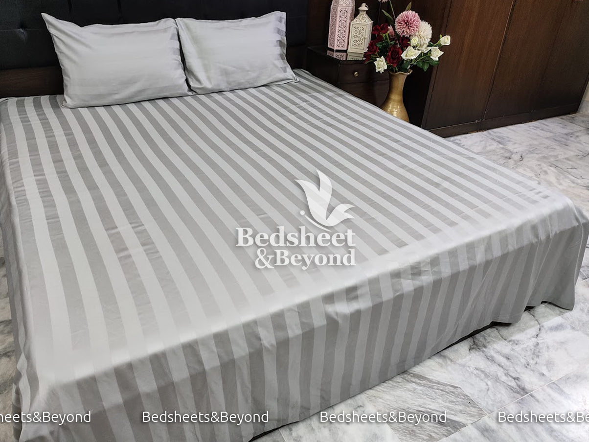 Cotton Satin Stripe Bed Sheet King Size-3-Piece-Thread Count-250 -Silver Grey