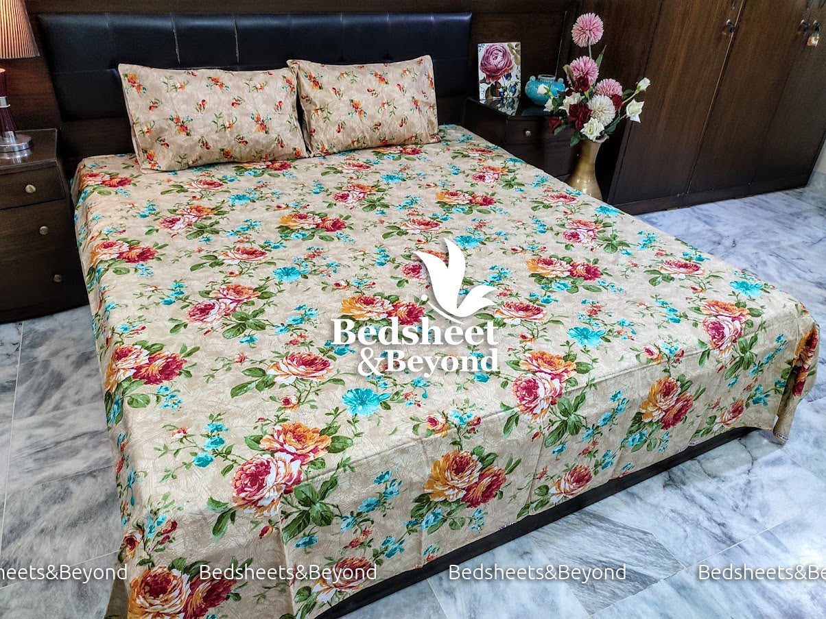 Cotton Bed Sheet King Size-3-Piece-Khaki Floral