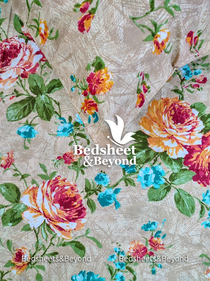 Cotton Bed Sheet King Size-3-Piece-Khaki Floral